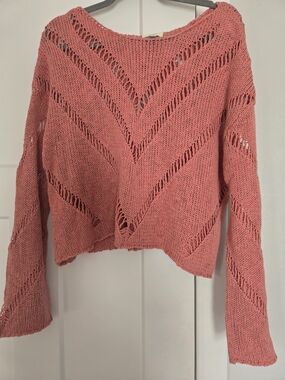 Elan Open-Knit Crop Sweater in Coral